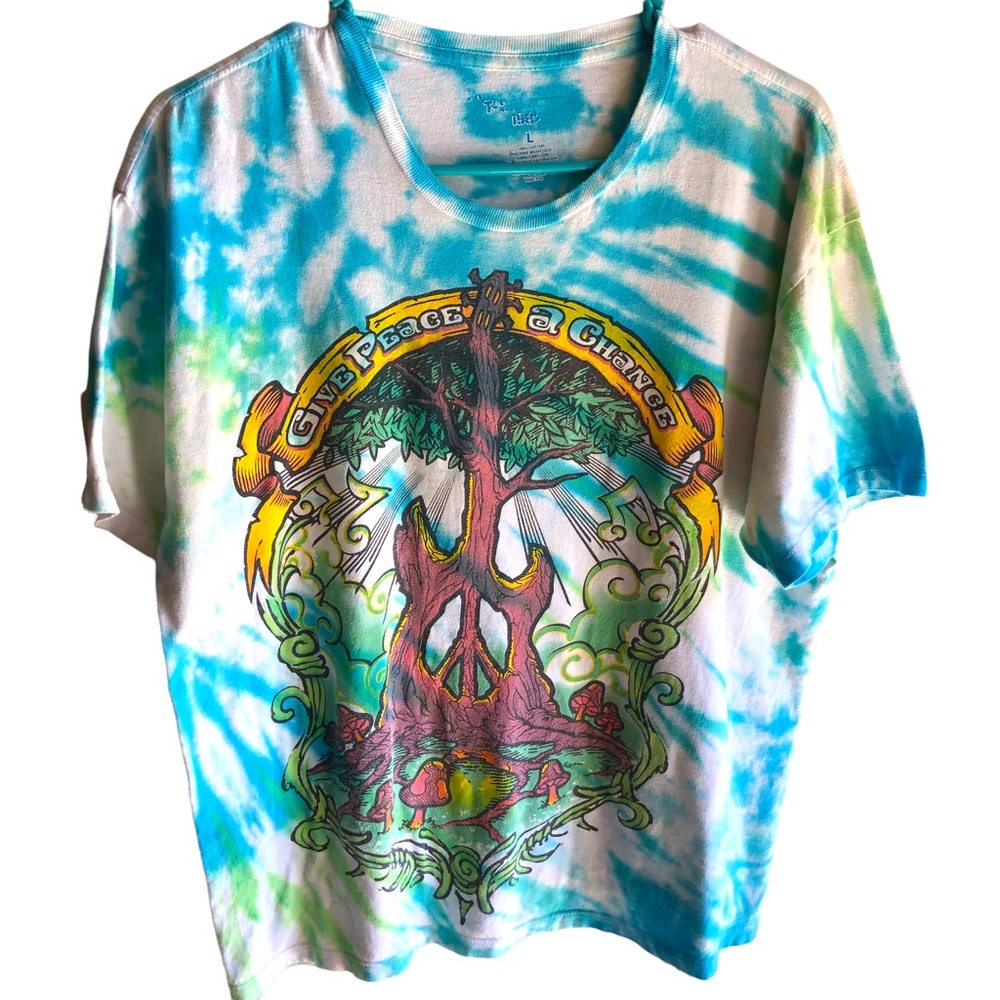 Tie Dye Give Peace a Chance Tshirt. Multicolor Guitar Tree Peace Sign. Large - Picture 3 of 6